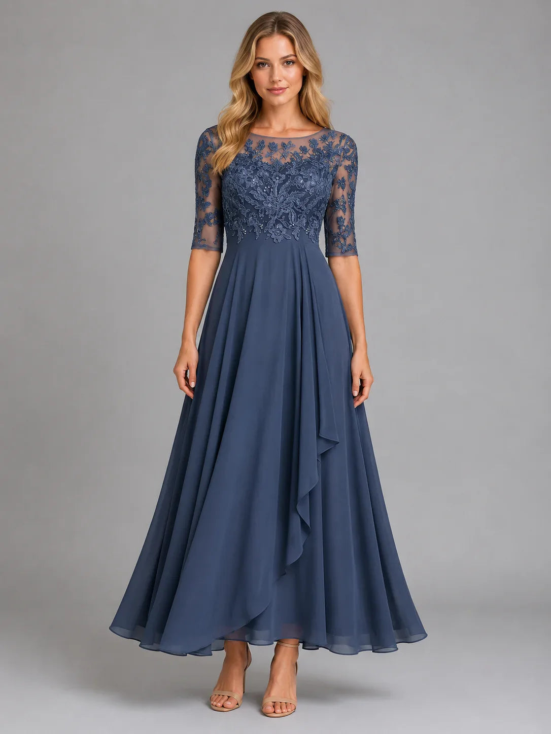 Women's Chiffon Lace Midi Dress – Flowing Silhouette 0