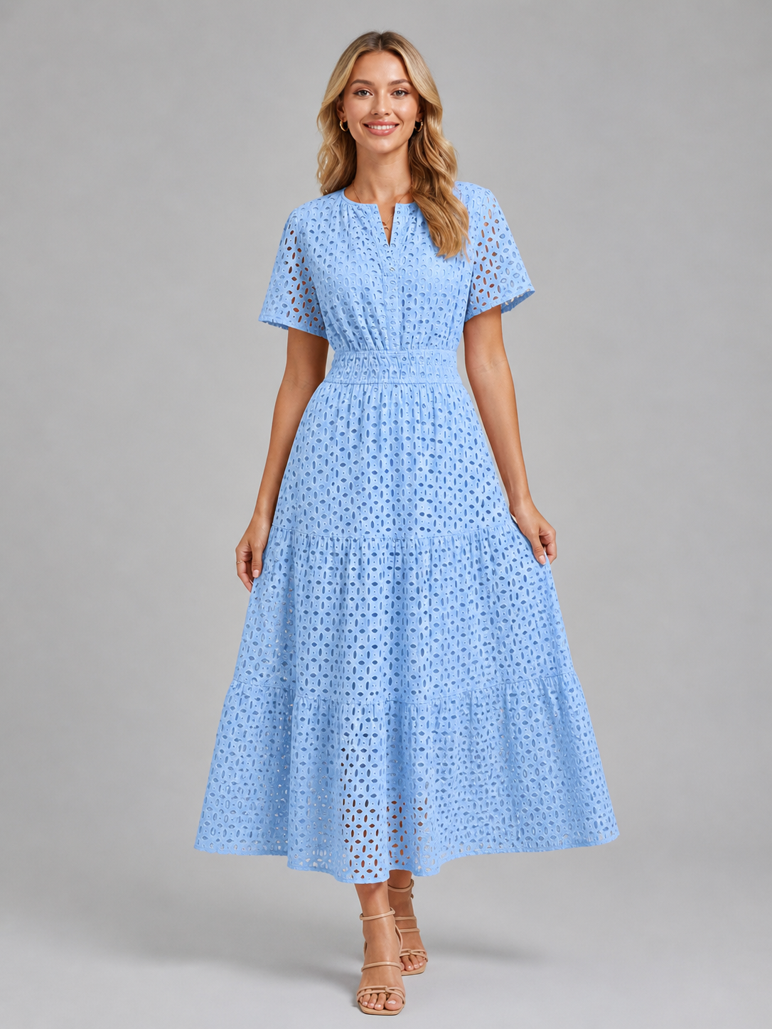 Women’s Eyelet A-Line Midi Dress – Cotton Blend Summer Style 6