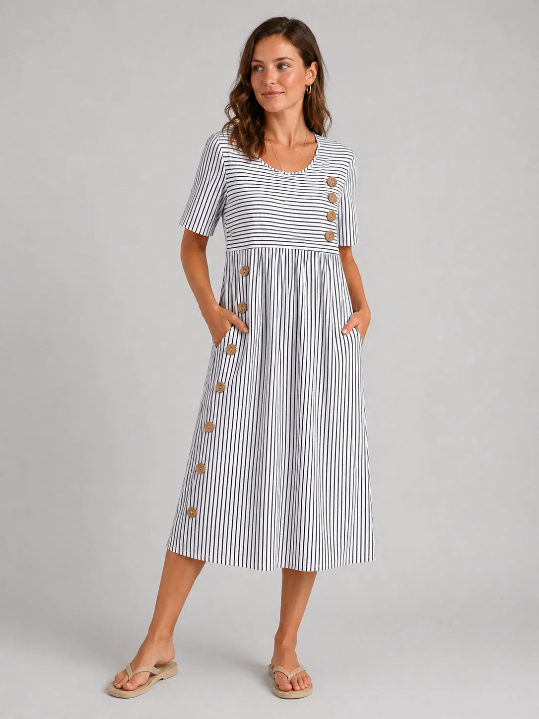 Women's Flattering Striped Midi Dress – Button Detail Fit 3