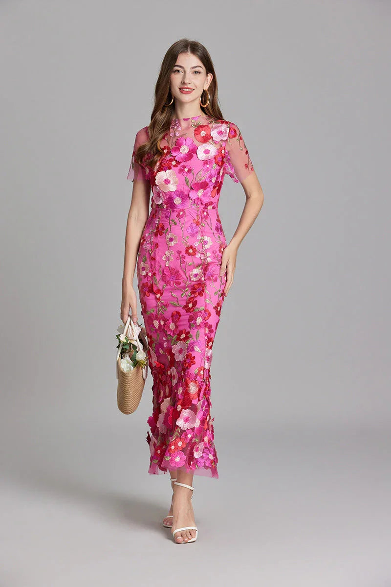 Women’s Floral Midi Dress – 3D Appliqué Wedding Guest Dress 2