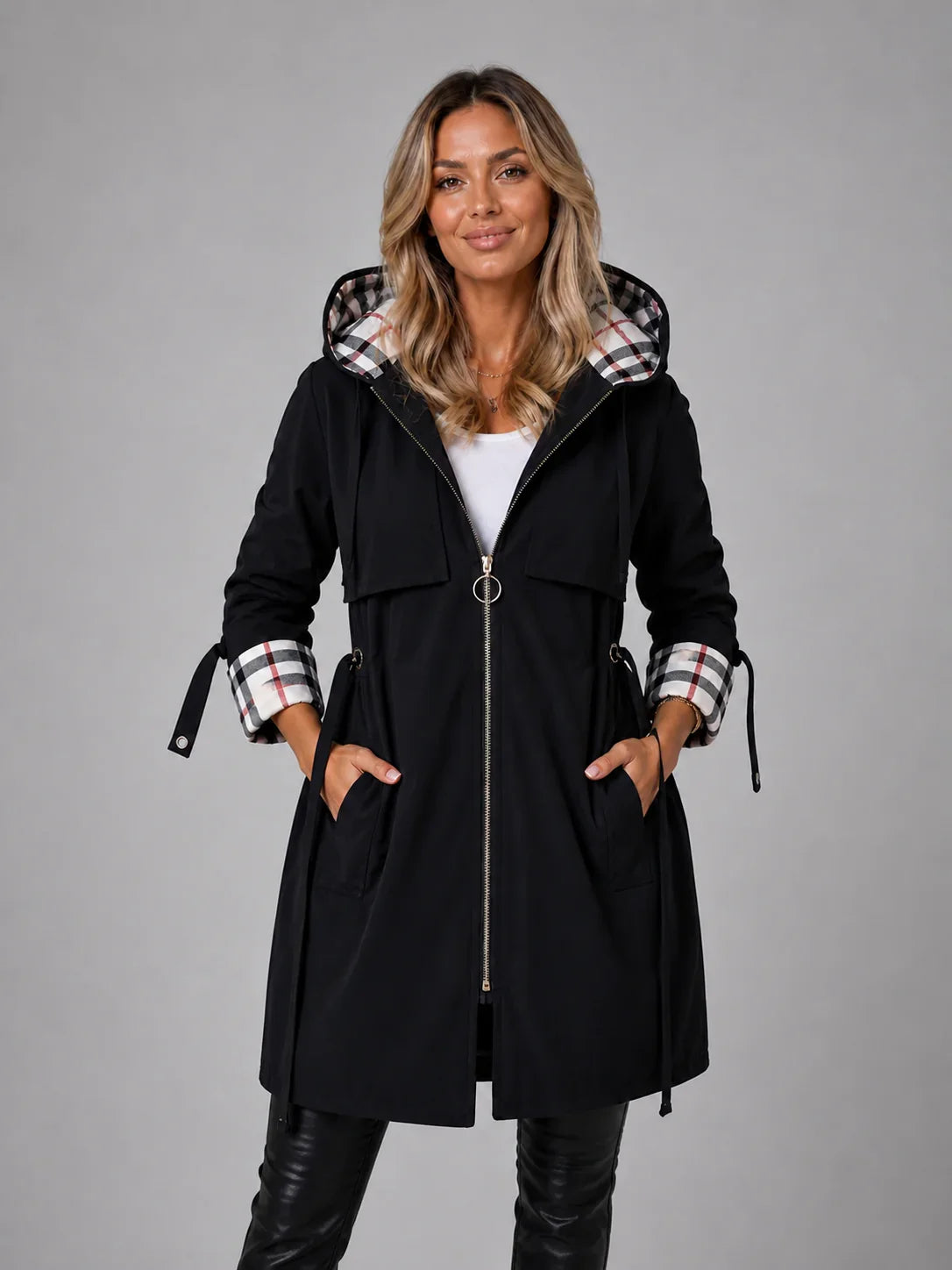 Women’s Hooded Long Jacket – Adjustable Waist Zip Coat 3