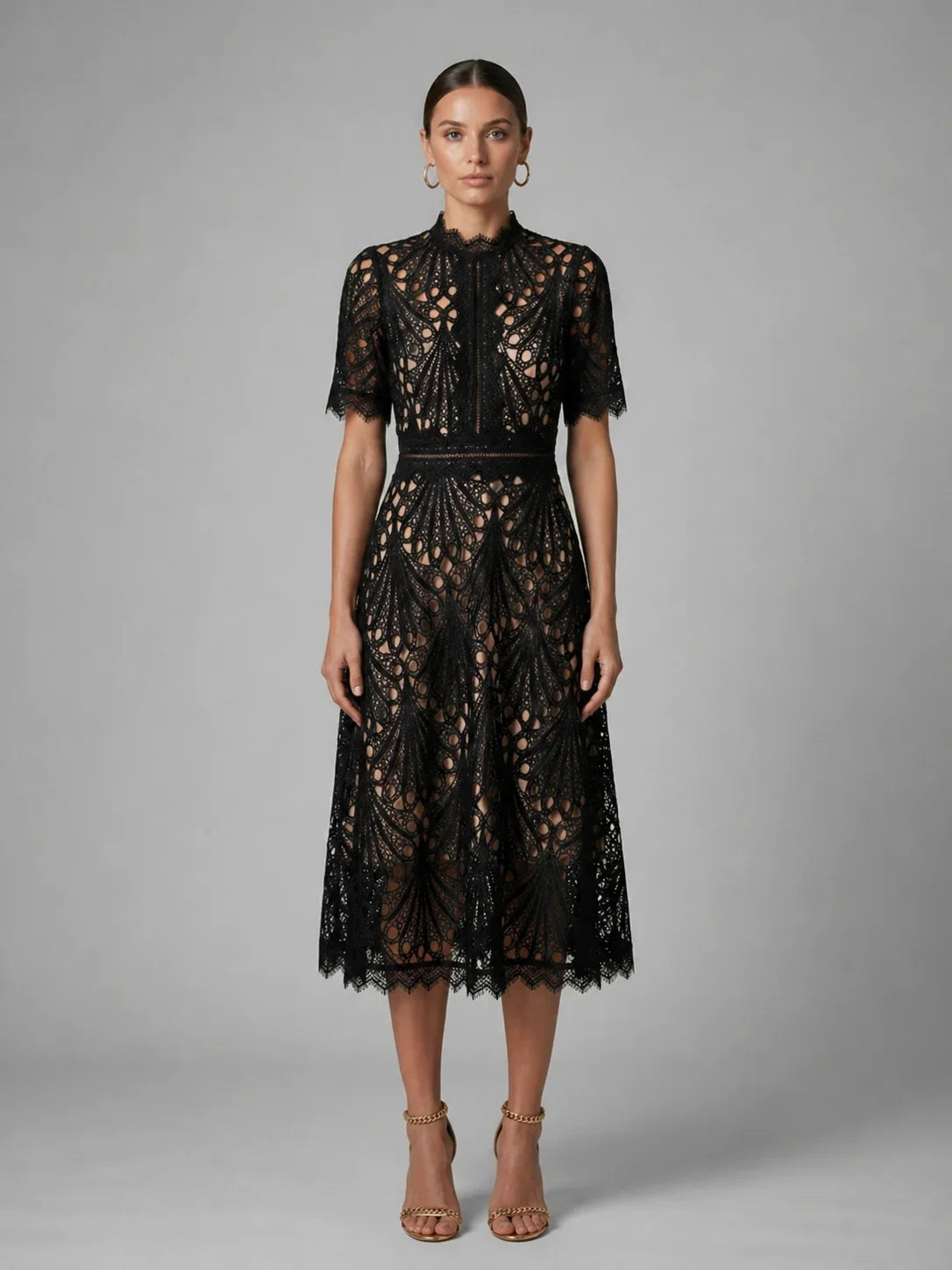 Women’s Lace Midi Dress – High Neck Elegant A-Line Silhouette 0