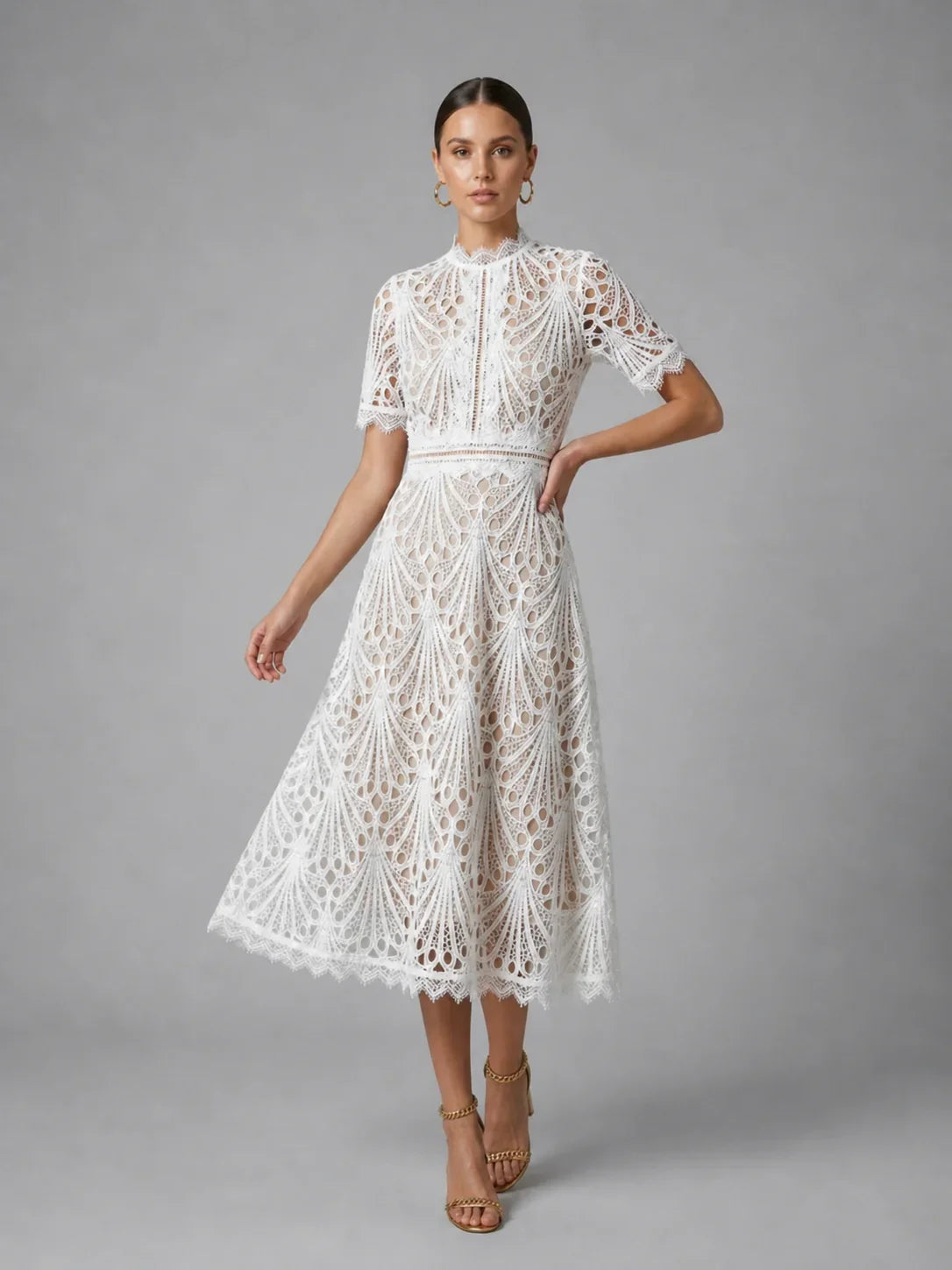 Women’s Lace Midi Dress – High Neck Elegant A-Line Silhouette 3