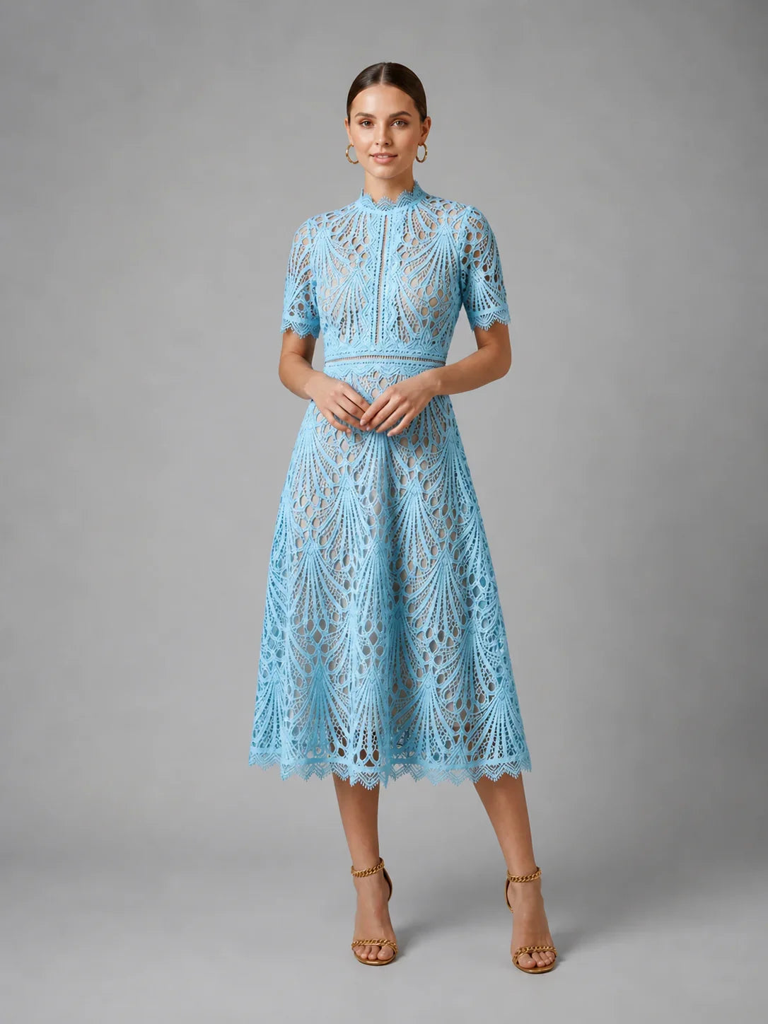 Women’s Lace Midi Dress – High Neck Elegant A-Line Silhouette 5