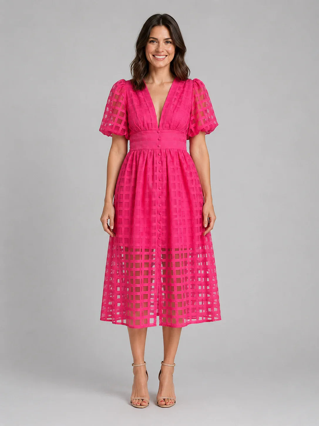 Women's Lattice Detail Puff Sleeve Midi Dress – Summer Occasion Style 0