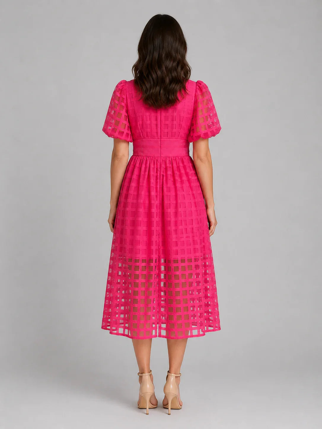 Women's Lattice Detail Puff Sleeve Midi Dress – Summer Occasion Style 1