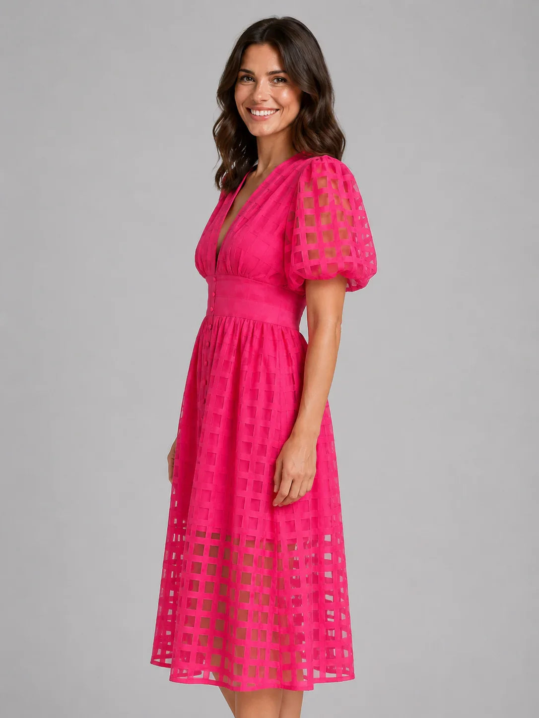 Women's Lattice Detail Puff Sleeve Midi Dress – Summer Occasion Style 3