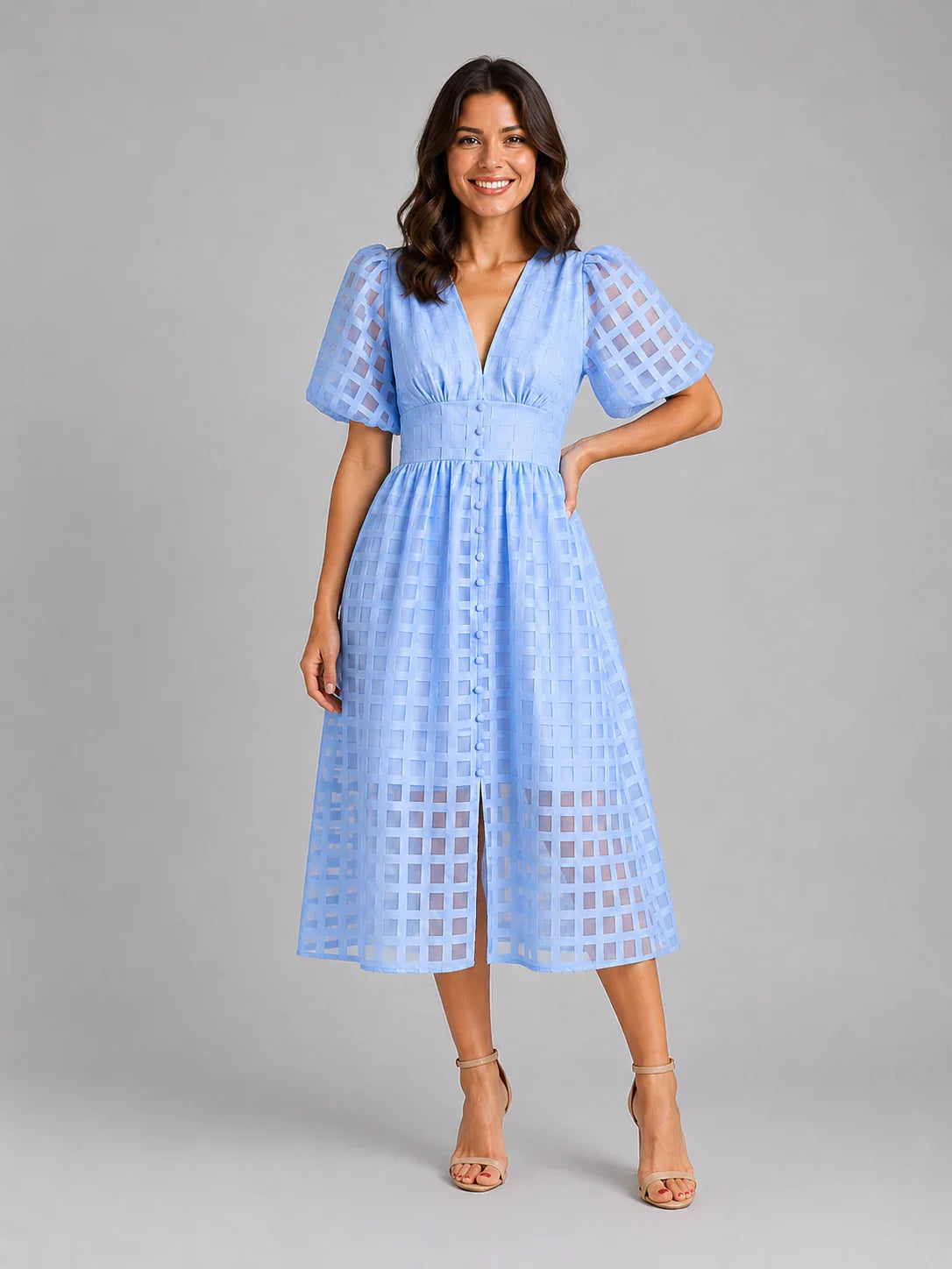 Women's Lattice Detail Puff Sleeve Midi Dress – Summer Occasion Style 4
