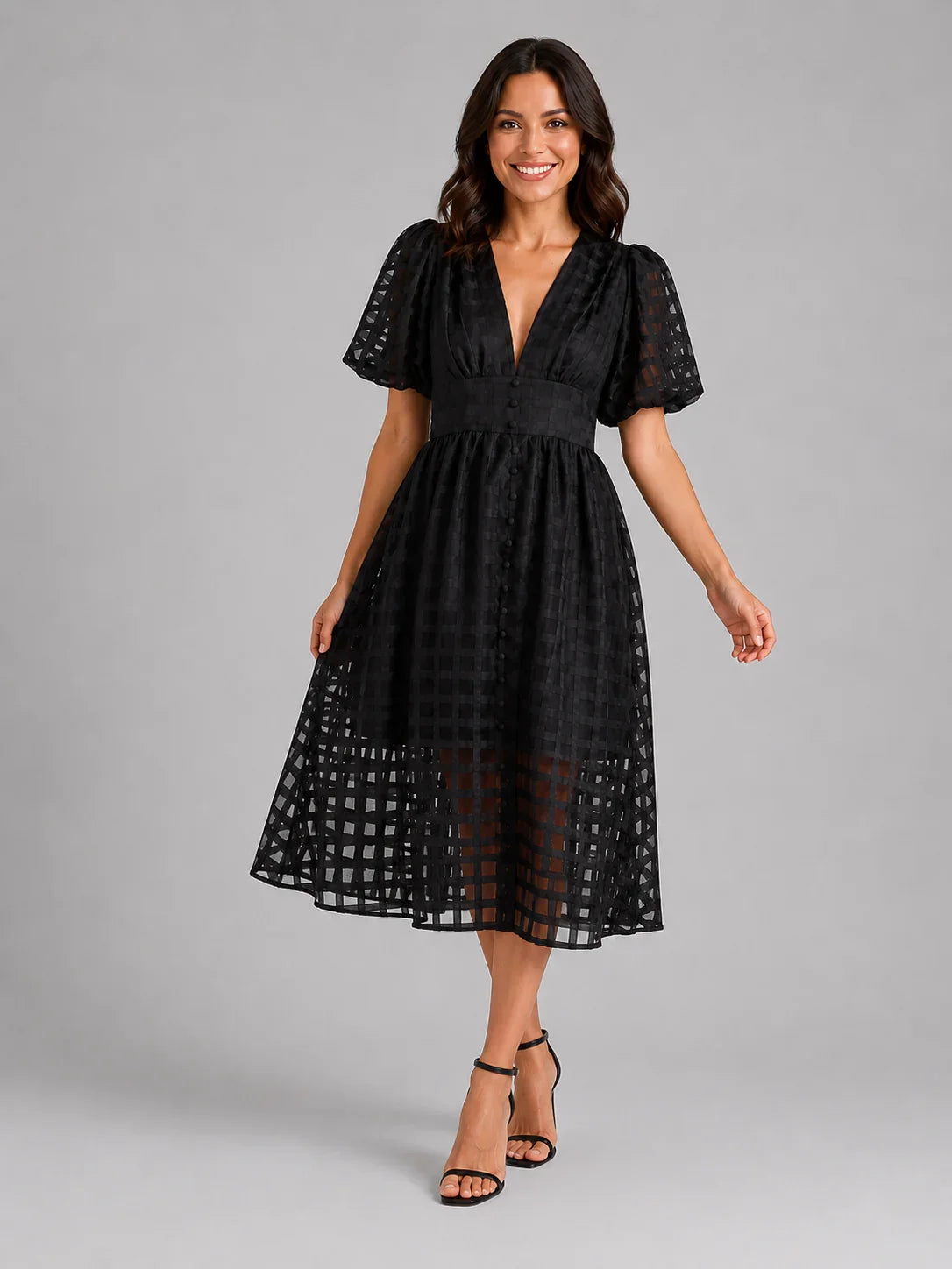 Women's Lattice Detail Puff Sleeve Midi Dress – Summer Occasion Style 6