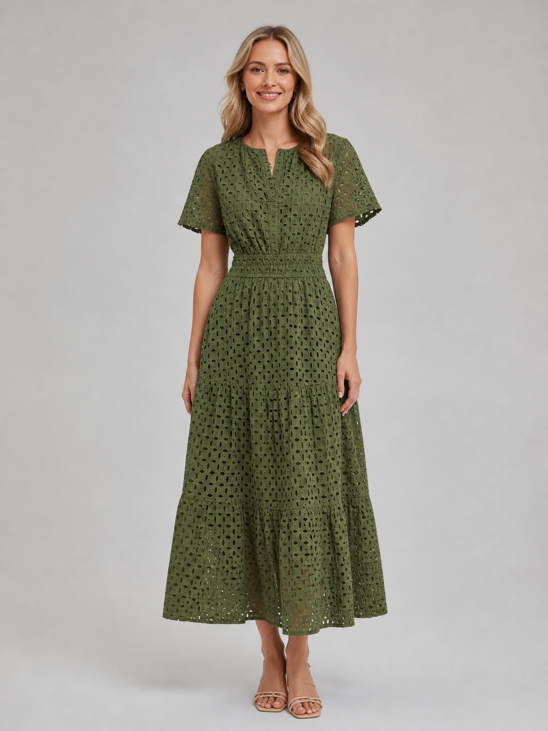 Women’s Eyelet A-Line Midi Dress – Cotton Blend Summer Style 0