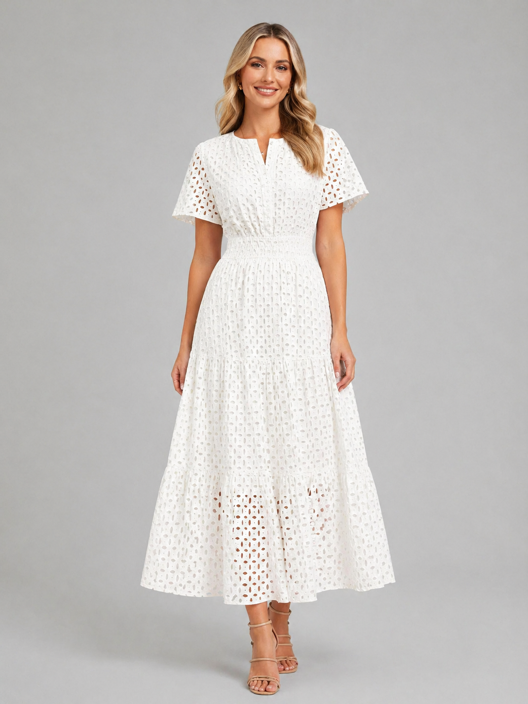 Women’s Eyelet A-Line Midi Dress – Cotton Blend Summer Style 3