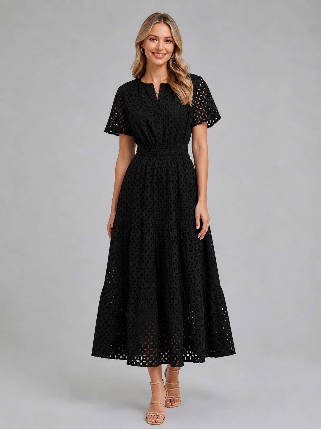 Women’s Eyelet A-Line Midi Dress – Cotton Blend Summer Style 4