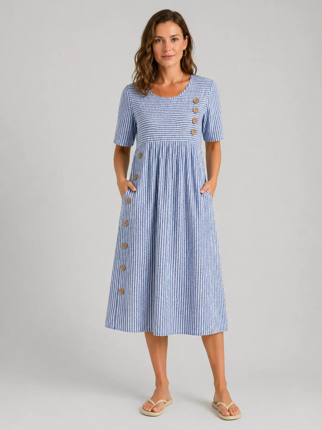 Women's Flattering Striped Midi Dress – Button Detail Fit 0