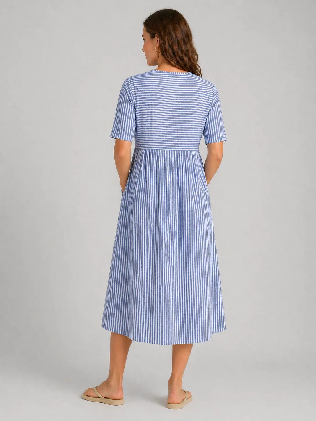 Women's Flattering Striped Midi Dress – Button Detail Fit 2