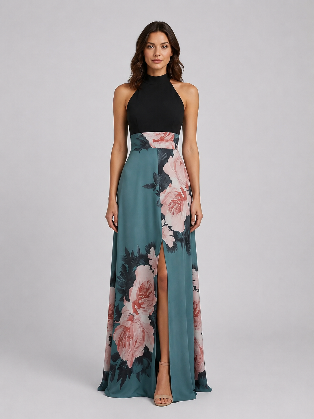 Women's Floral Halter Neck Maxi Dress – Elegant Occasion Gown 0