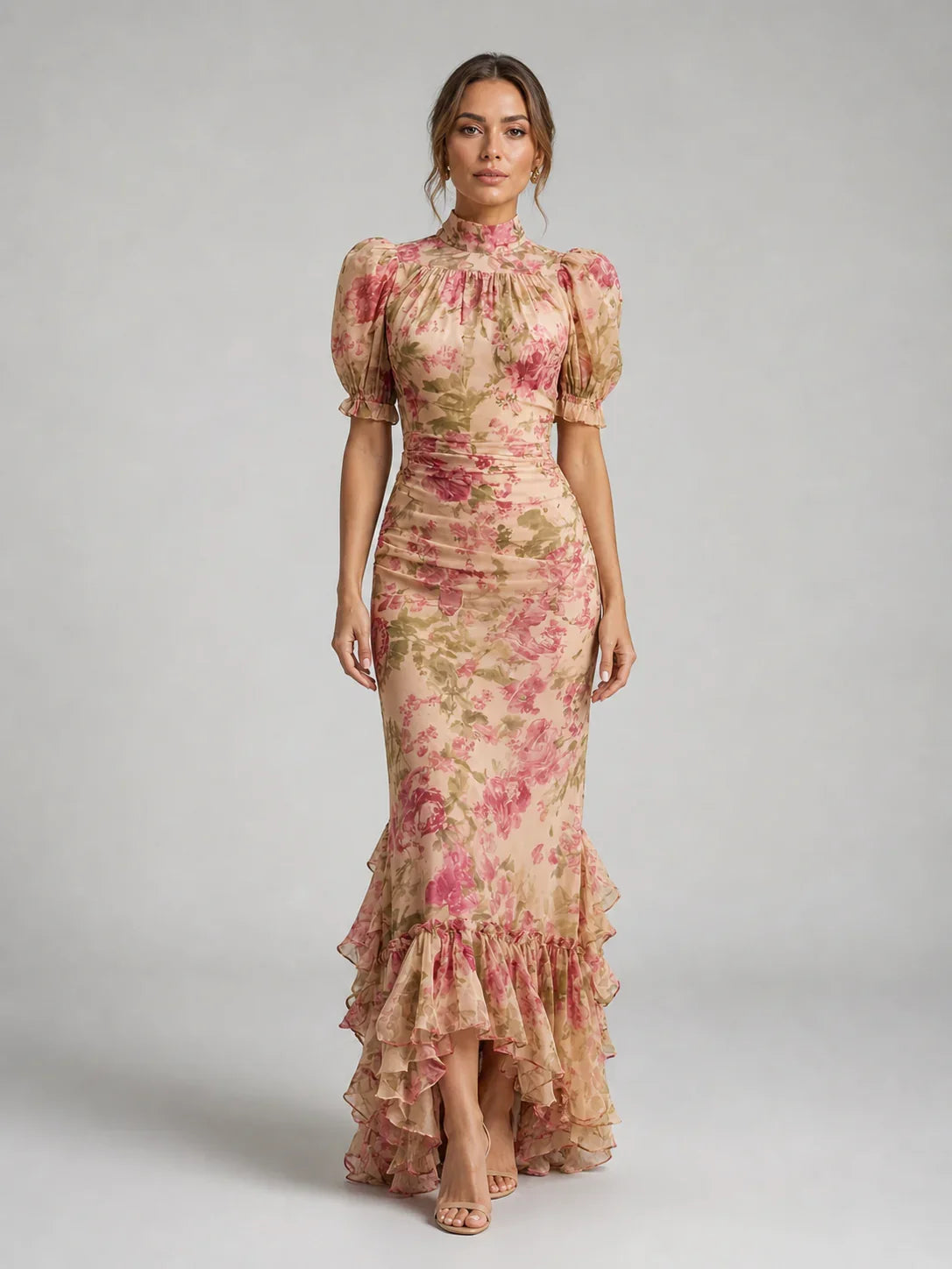 Women’s Floral High Neck Ruffle Maxi Dress – Flowy Printed Silhouette 0