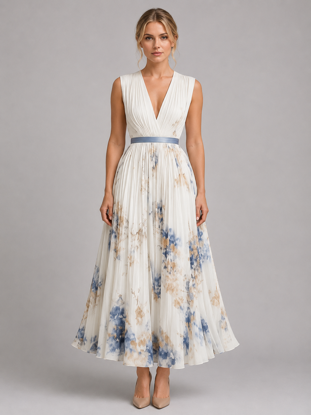 Women’s Floral Maxi Dress – Pleated A-Line Fit 0