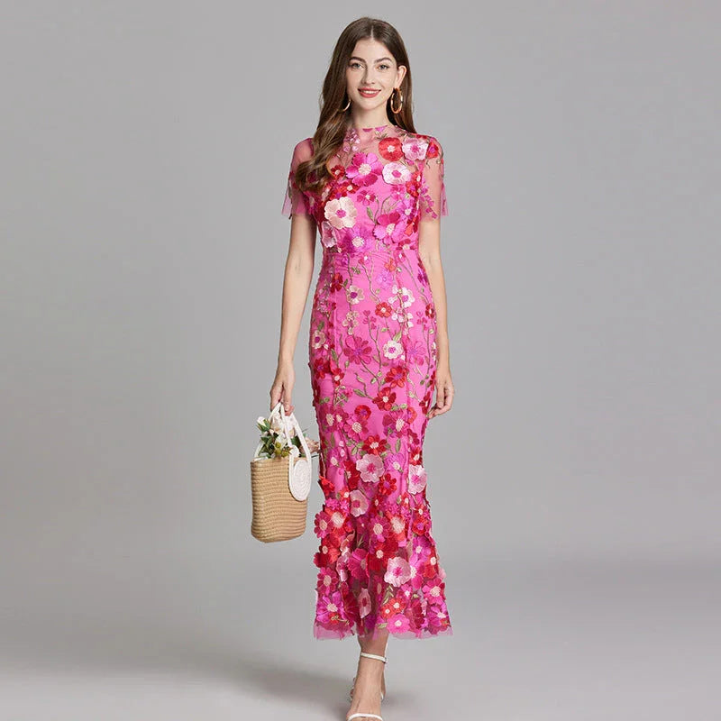 Women’s Floral Midi Dress – 3D Appliqué Wedding Guest Dress 0
