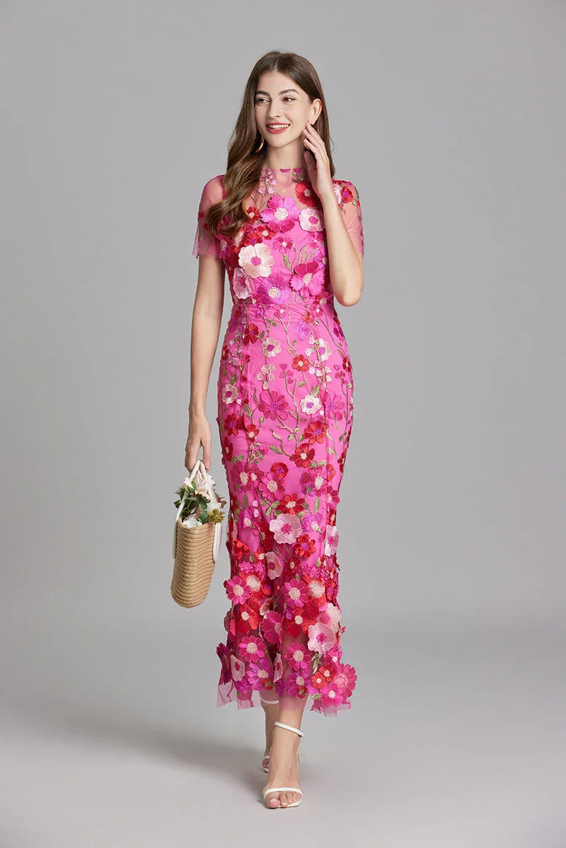 Women’s Floral Midi Dress – 3D Appliqué Wedding Guest Dress 1