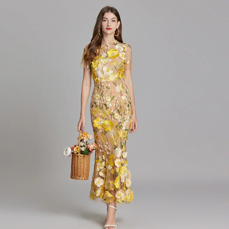 Women’s Floral Midi Dress – 3D Appliqué Wedding Guest Dress 10