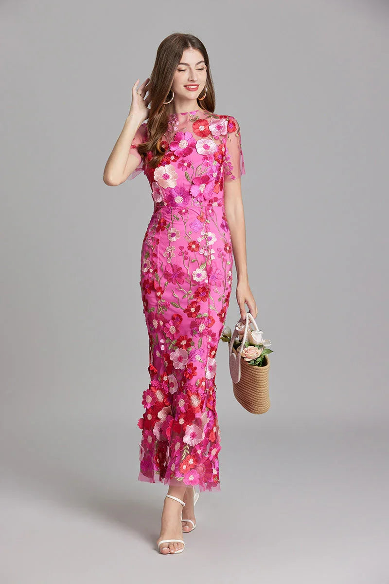 Women’s Floral Midi Dress – 3D Appliqué Wedding Guest Dress 3