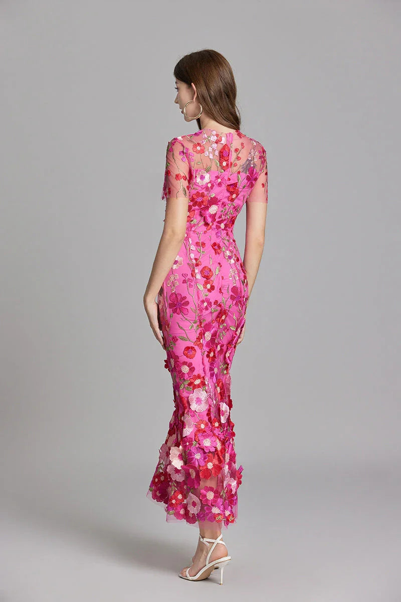 Women’s Floral Midi Dress – 3D Appliqué Wedding Guest Dress 4