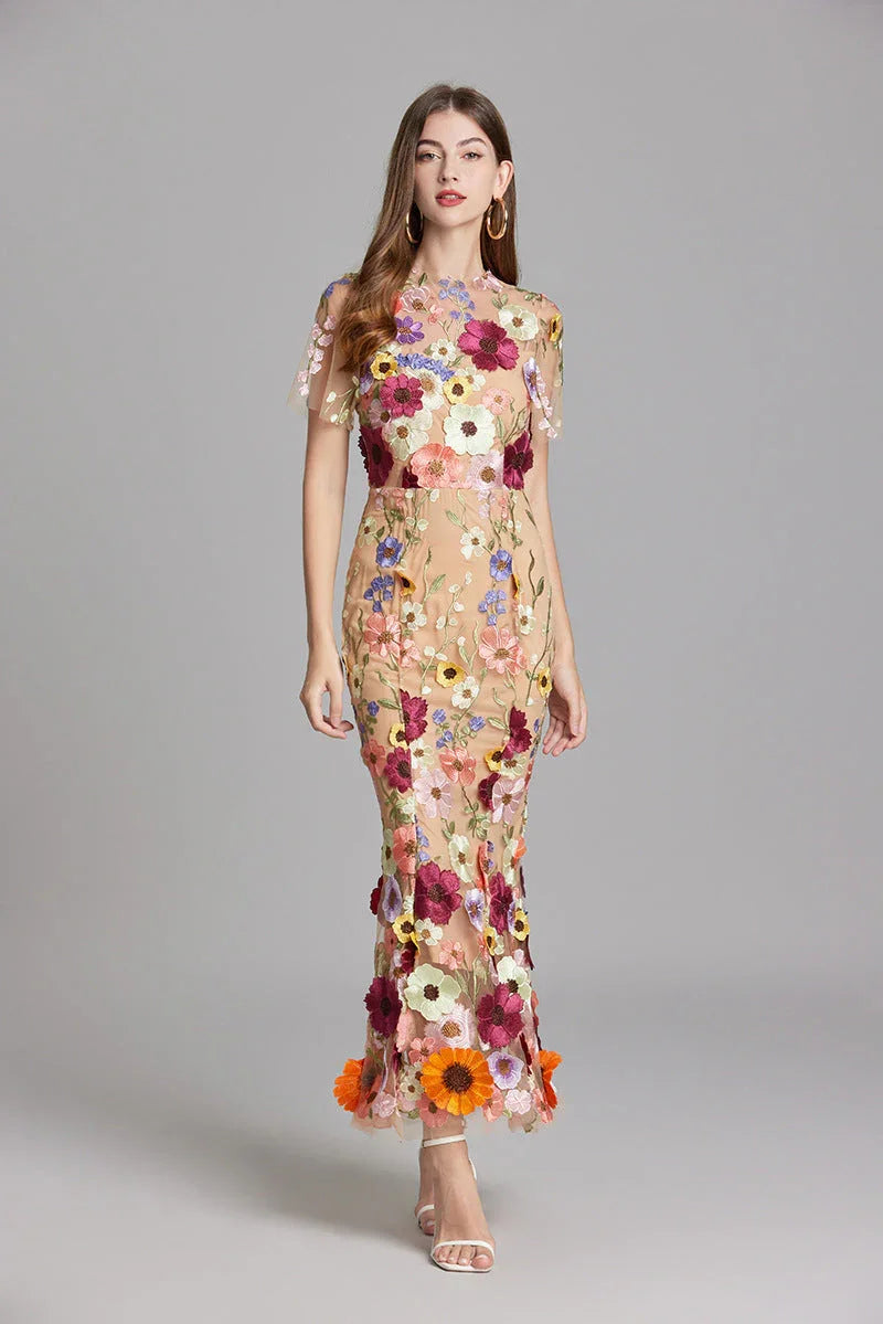 Women’s Floral Midi Dress – 3D Appliqué Wedding Guest Dress 6