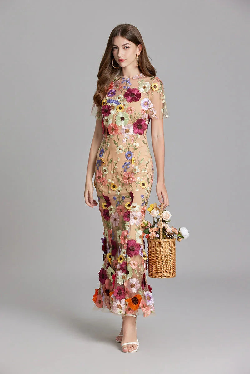 Women’s Floral Midi Dress – 3D Appliqué Wedding Guest Dress 7