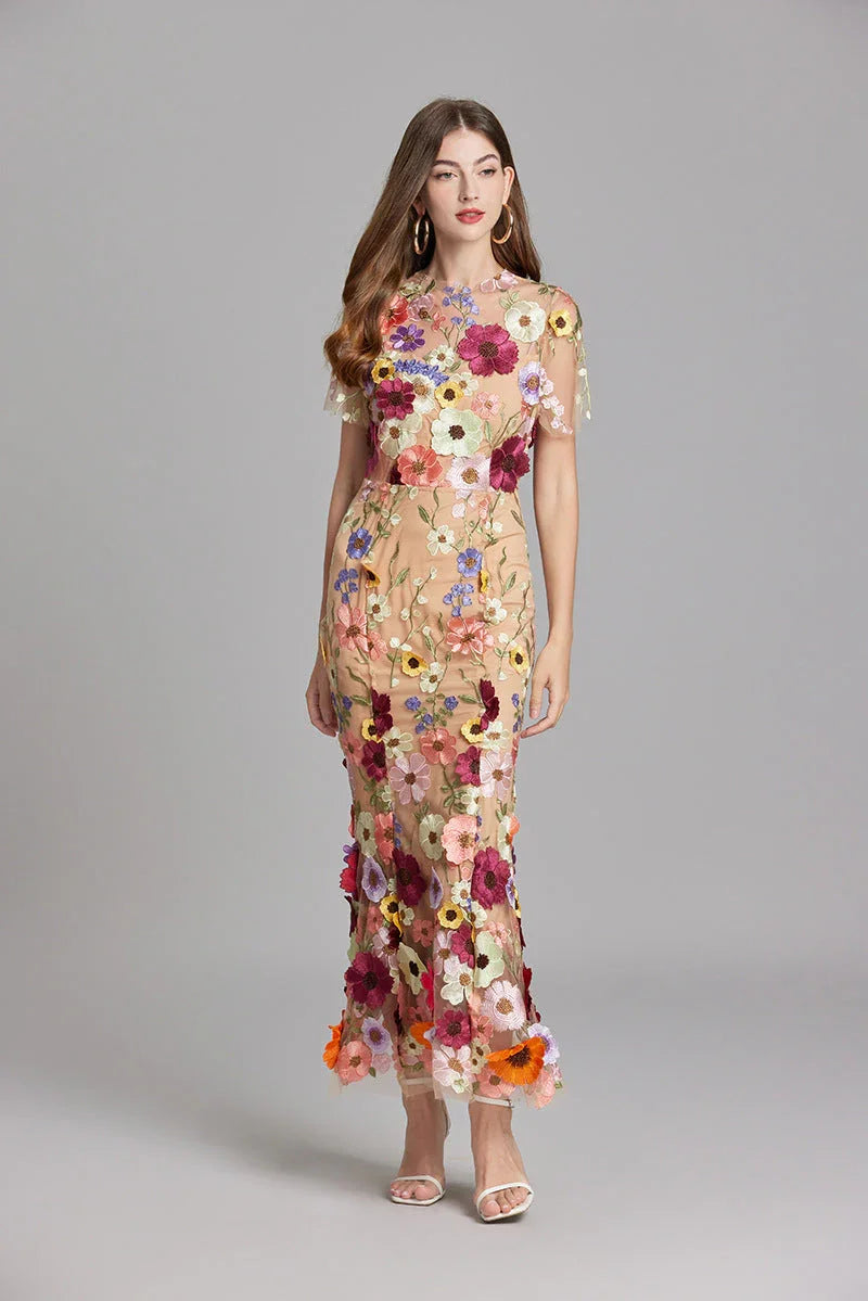 Women’s Floral Midi Dress – 3D Appliqué Wedding Guest Dress 8