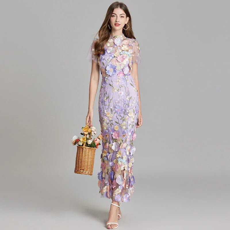 Women’s Floral Midi Dress – 3D Appliqué Wedding Guest Dress 9
