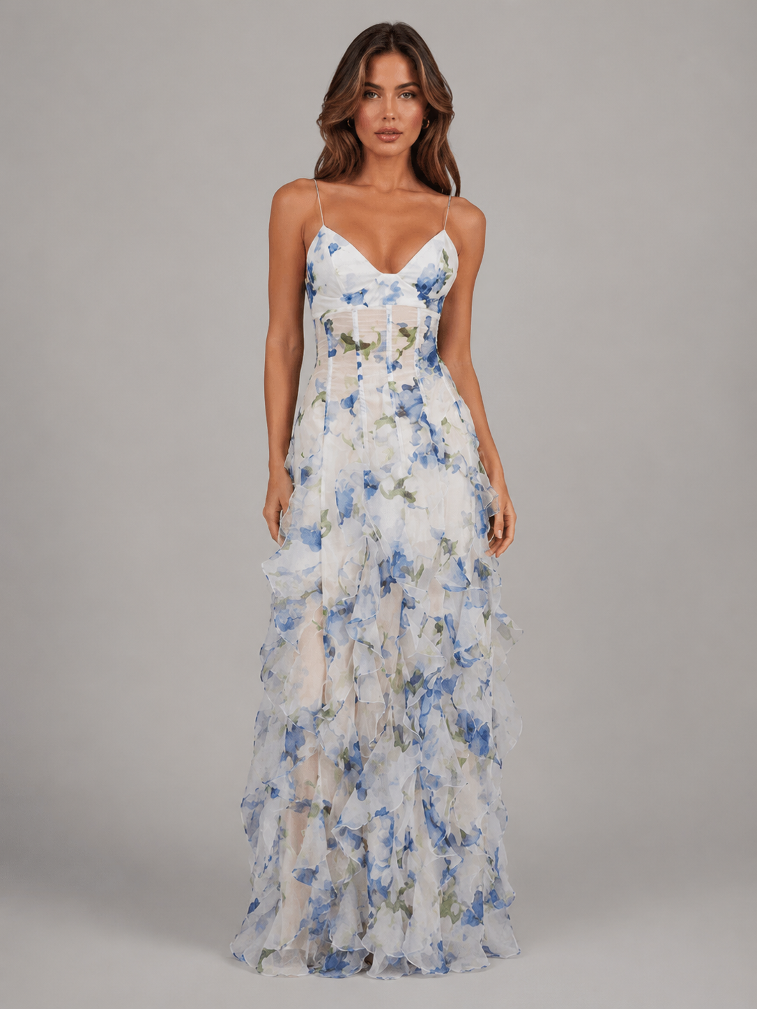 Women’s Floral Ruffle Maxi Dress – Chiffon Look Summer Elegance 0