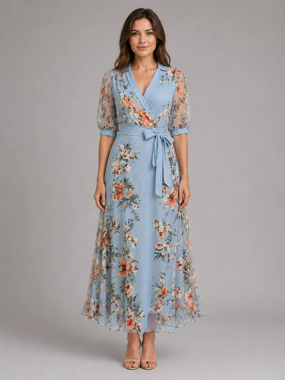 Women’s Floral Wrap Maxi Dress – Waist Tie Fit 0