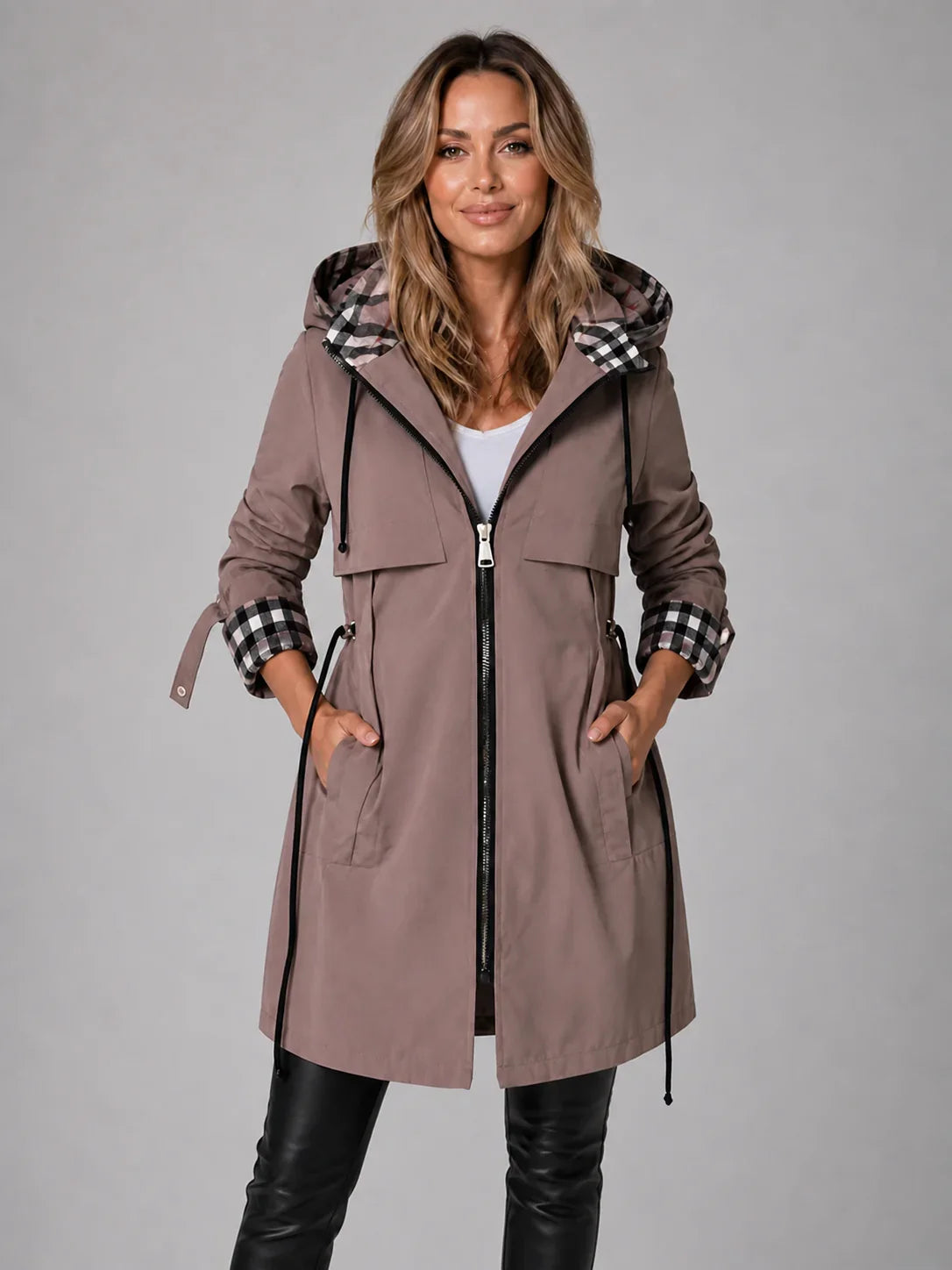 Women’s Hooded Long Jacket – Adjustable Waist Zip Coat 0