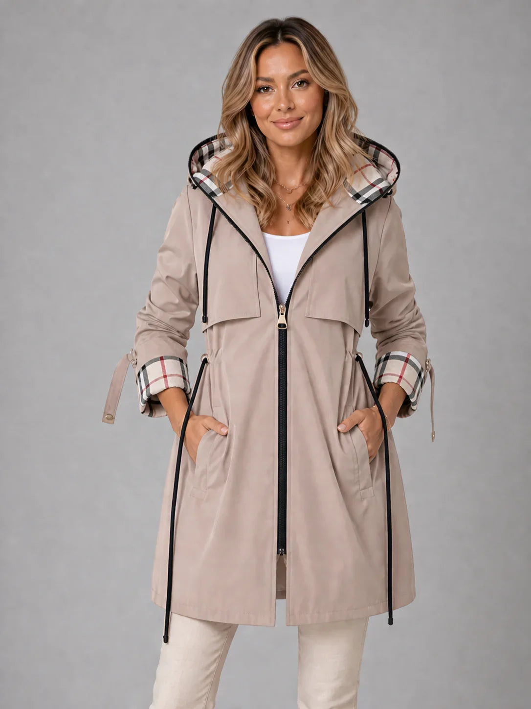 Women’s Hooded Long Jacket – Adjustable Waist Zip Coat 1