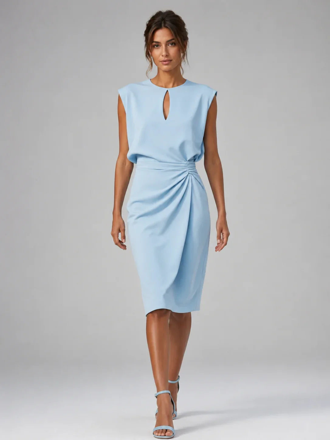 Women’s Keyhole Neck Midi Dress – Ruched Waist Elegant Fit 0