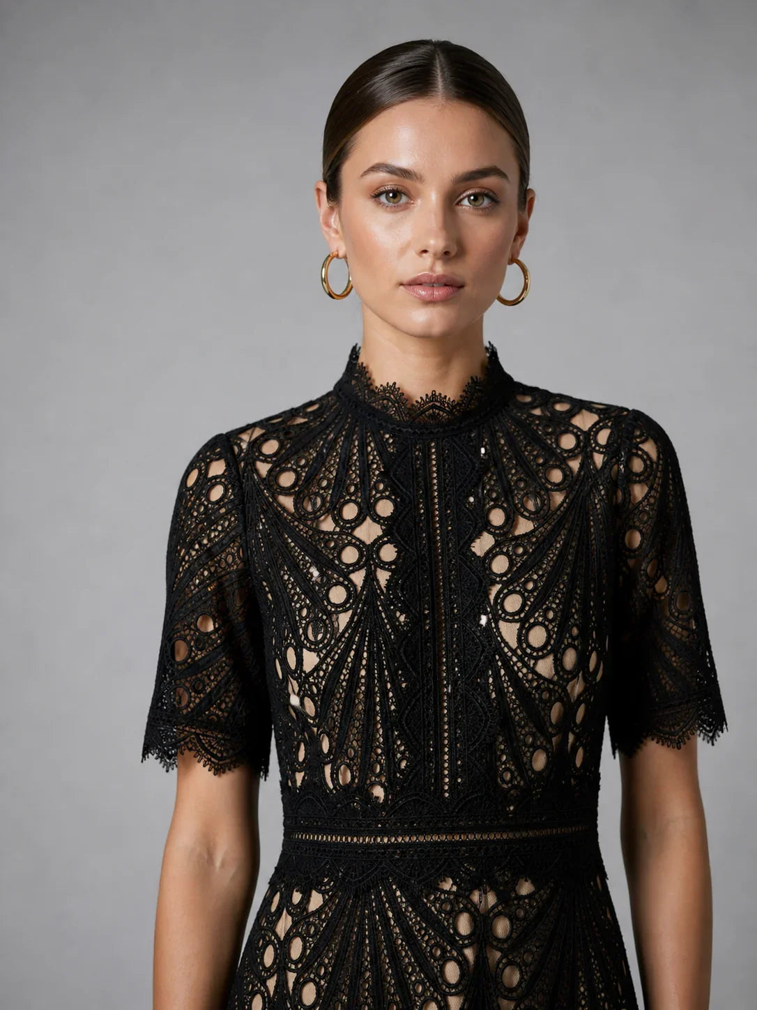 Women’s Lace Midi Dress – High Neck Elegant A-Line Silhouette 1