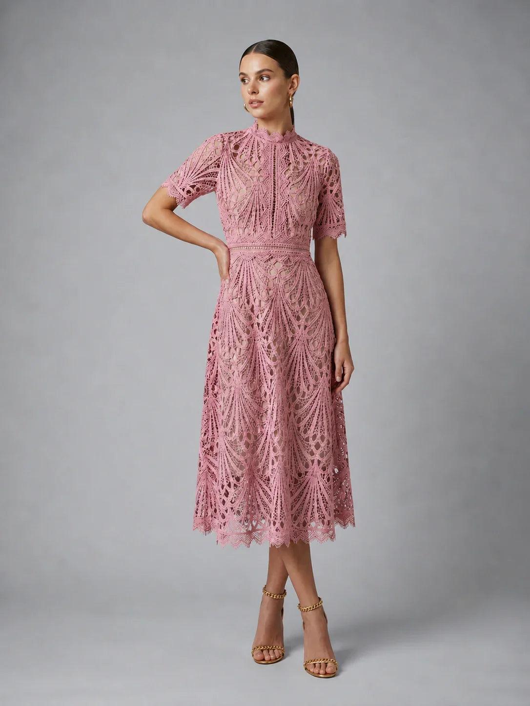 Women’s Lace Midi Dress – High Neck Elegant A-Line Silhouette 4