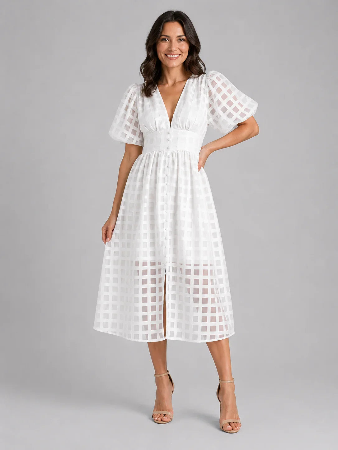 Women's Lattice Detail Puff Sleeve Midi Dress – Summer Occasion Style 5