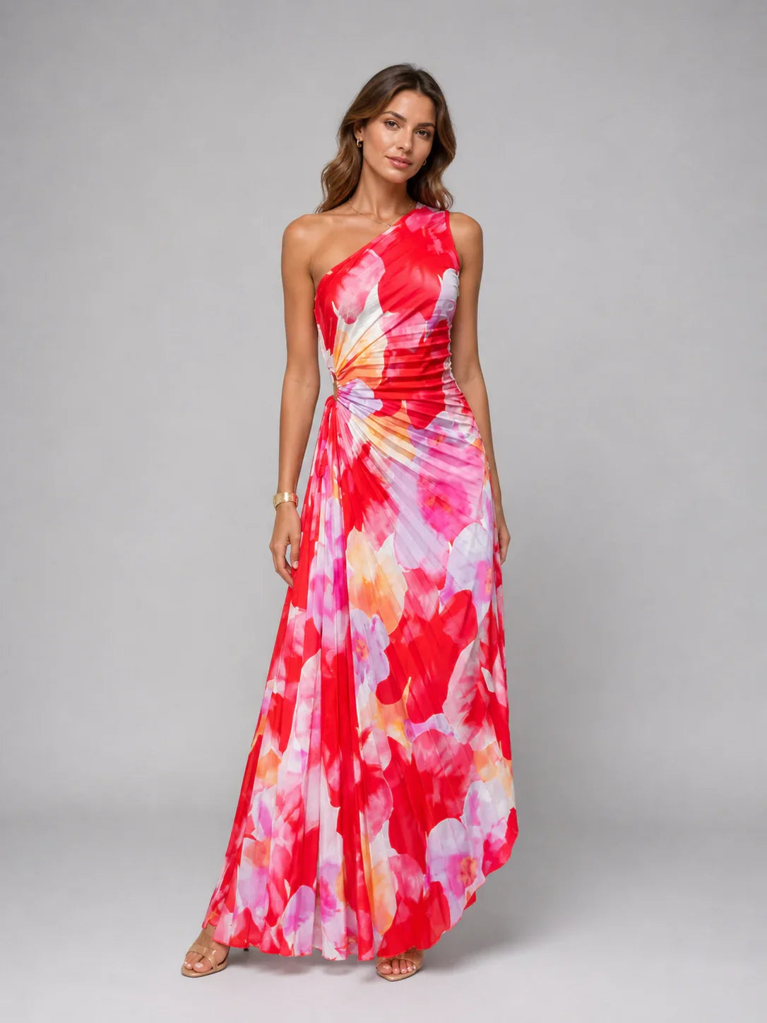 Women’s One-Shoulder Pleated Maxi Dress – Floral Statement Elegance 0