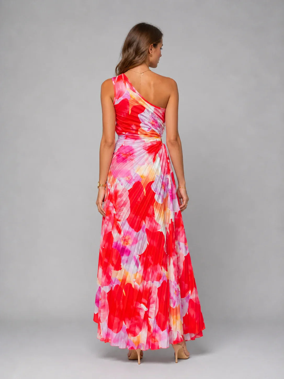 Women’s One-Shoulder Pleated Maxi Dress – Floral Statement Elegance 1