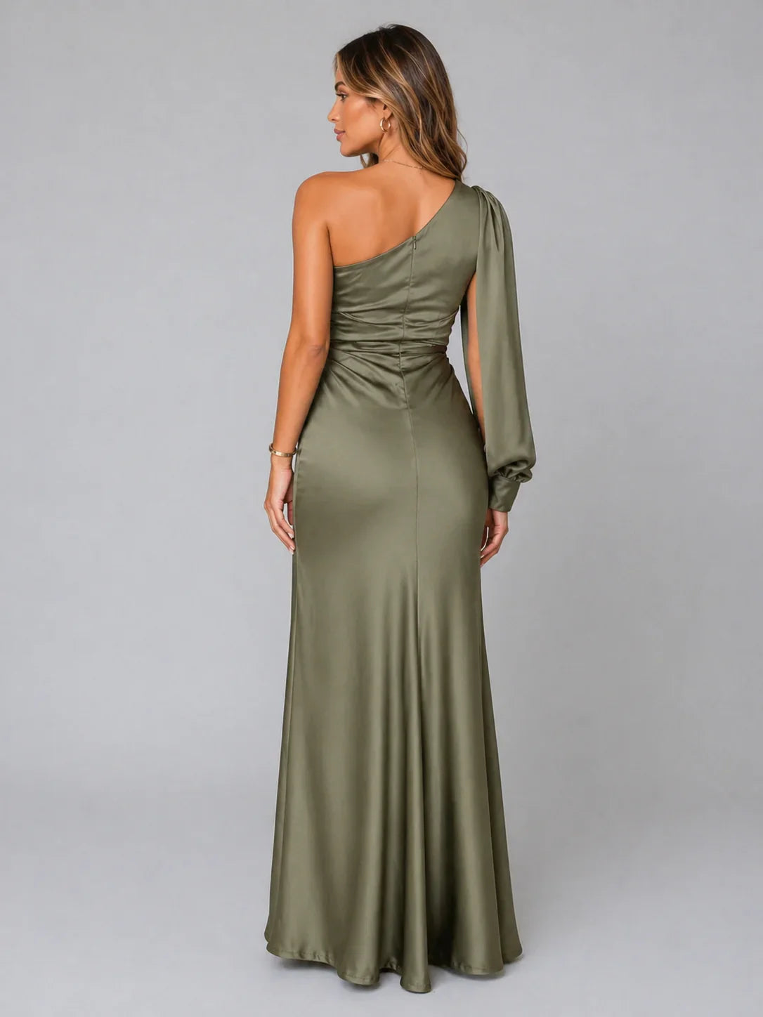 Women’s One-Shoulder Satin Feel Maxi Dress – Draped Elegant Silhouette 1