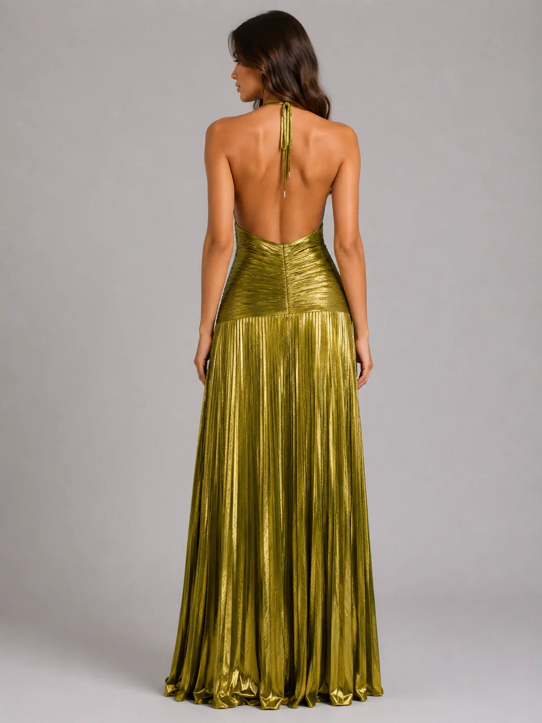 Women’s Pleated Halter Maxi Dress – Elegant High Split 1