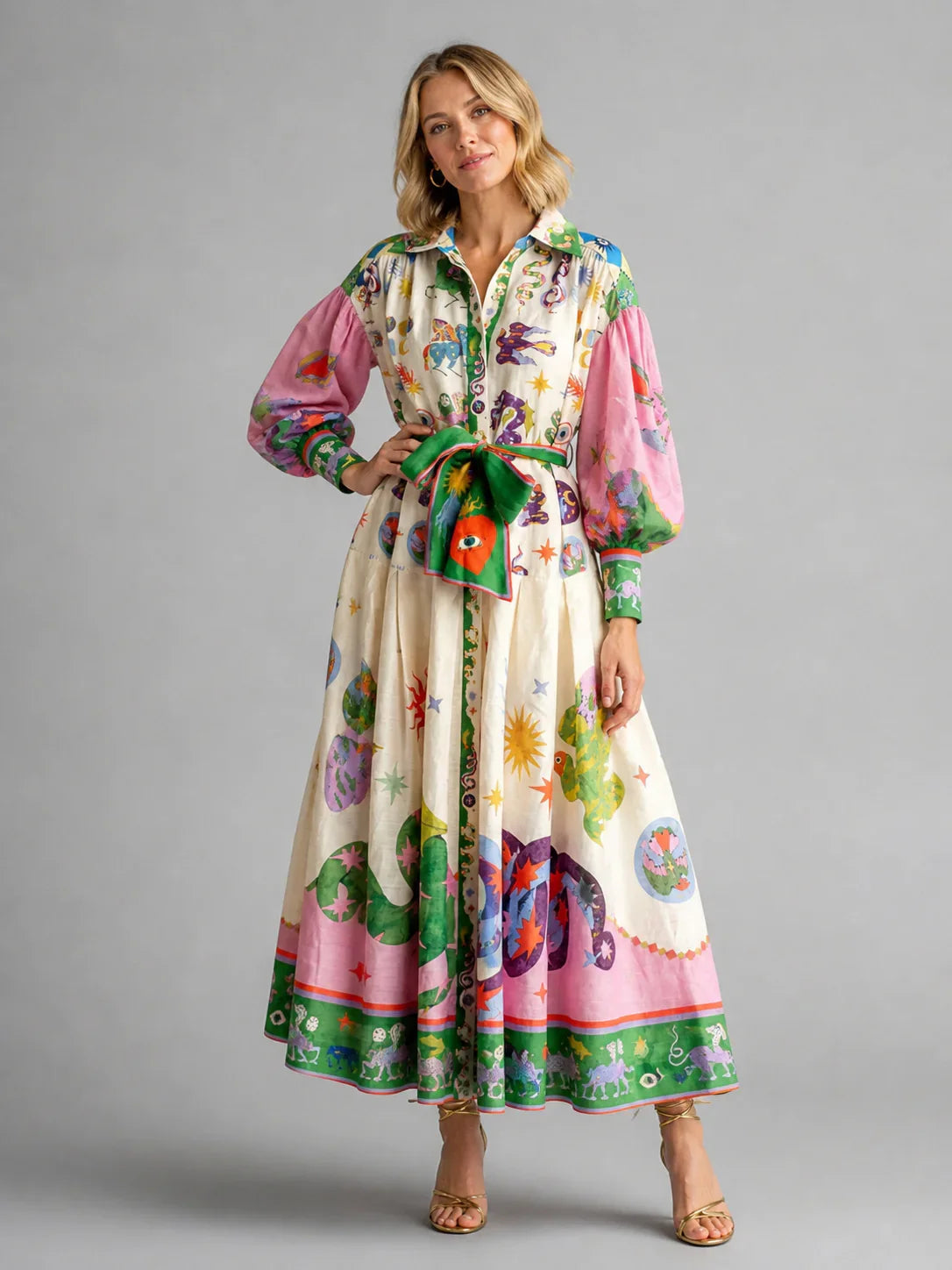 Women’s Printed Maxi Shirt Dress – Belted Artistic Summer Style 0
