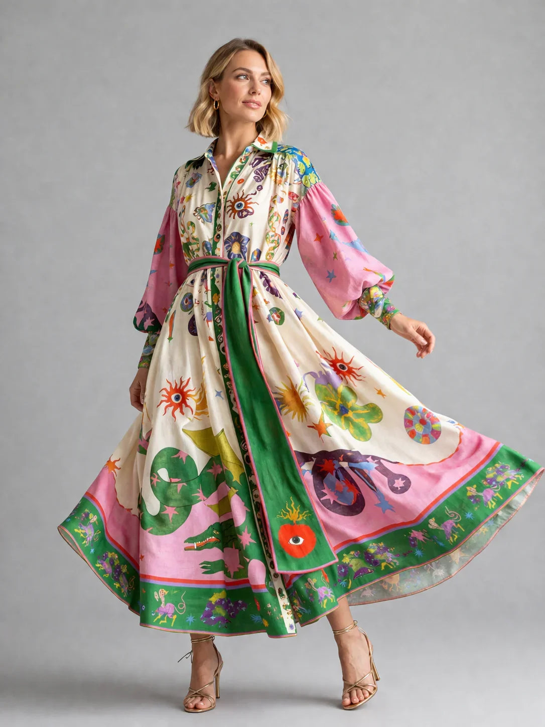 Women’s Printed Maxi Shirt Dress – Belted Artistic Summer Style 1