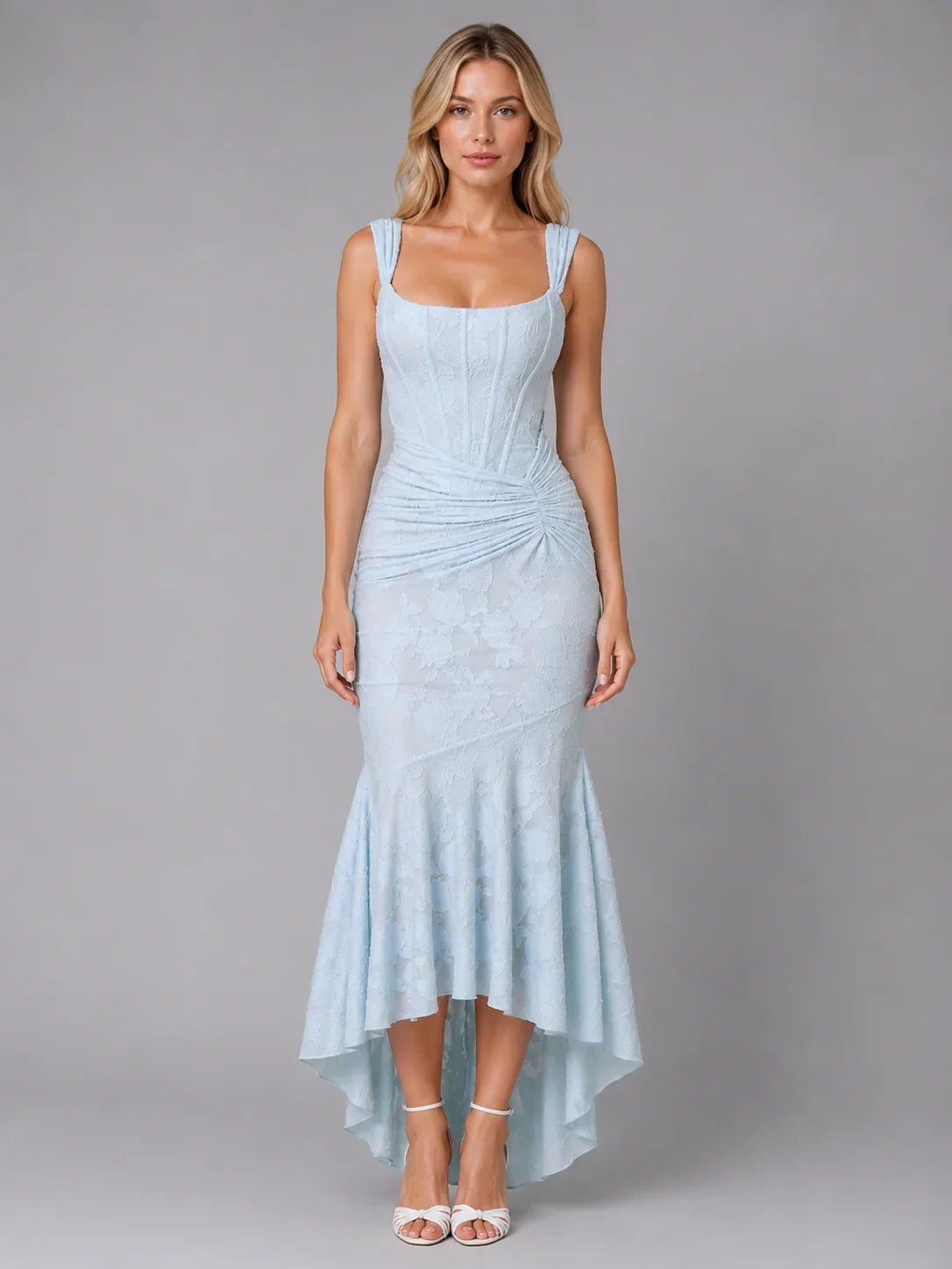 Women’s Ruched Lace Midi Dress – Sculpted Bodycon Fit 0