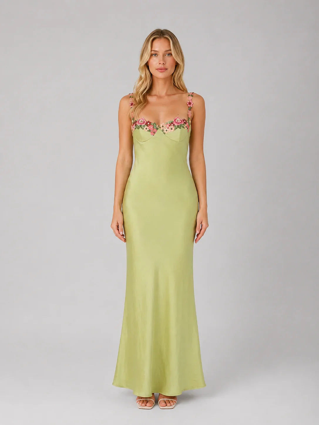 Women's Satin Feel Floral Embroidered Maxi Dress – Sculpted Fit 0