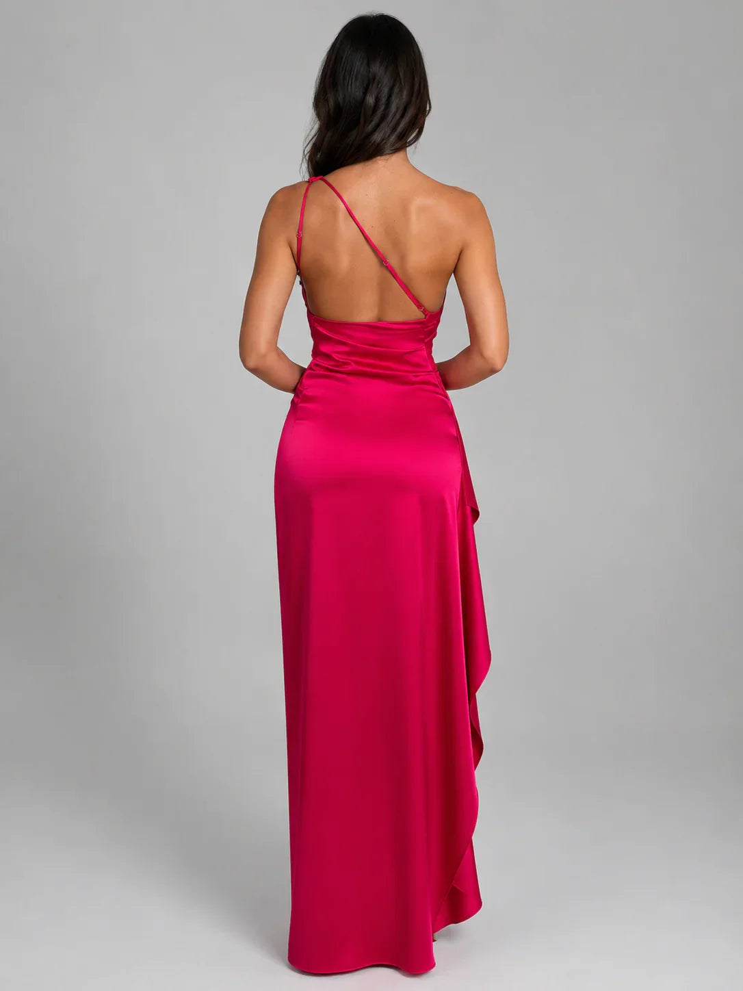 Women’s Satin Feel One-Shoulder Maxi Dress – High Split Evening Gown 1