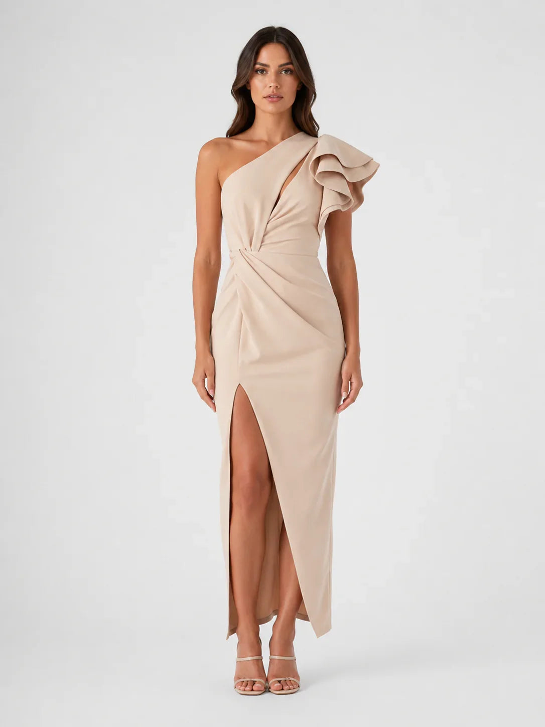 Women’s Sculpting One-Shoulder Midi Dress – Ruffle Detail 0