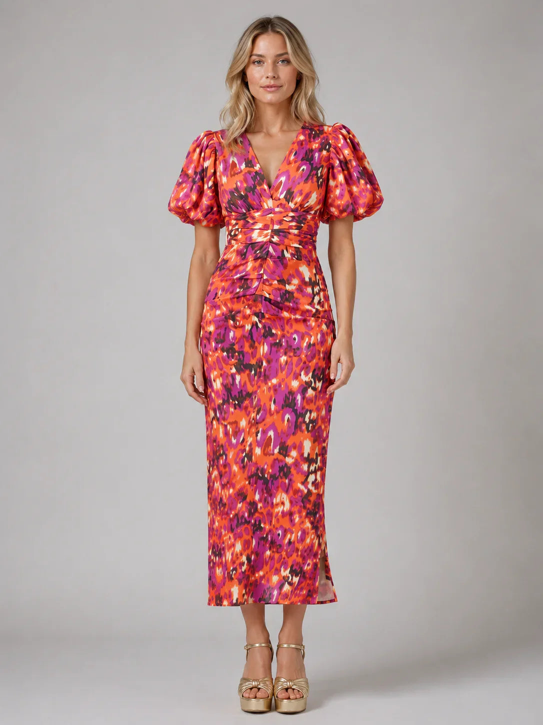 Women’s V-Neck Puff Sleeve Midi Dress –  Summer Occasion Style 0