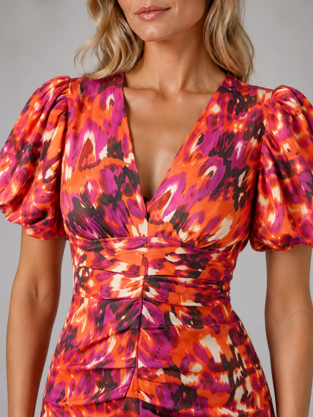 Women’s V-Neck Puff Sleeve Midi Dress –  Summer Occasion Style 1